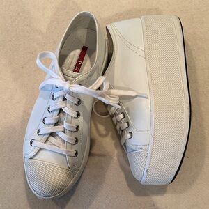 PRADA White Leather Platform Low Top Sneakers with Red Insole Accent Sz 36
